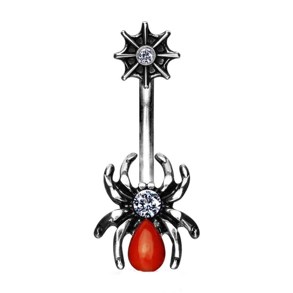 14 Gauge 316L Surgical Steel & Brass Red Spider Belly Bar With A Web & CZ