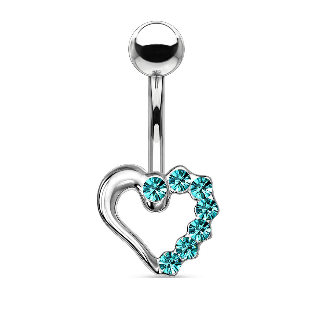 Heart Paved CZ Crystal Jeweled Belly Ring 14G 316L Surgical Steel