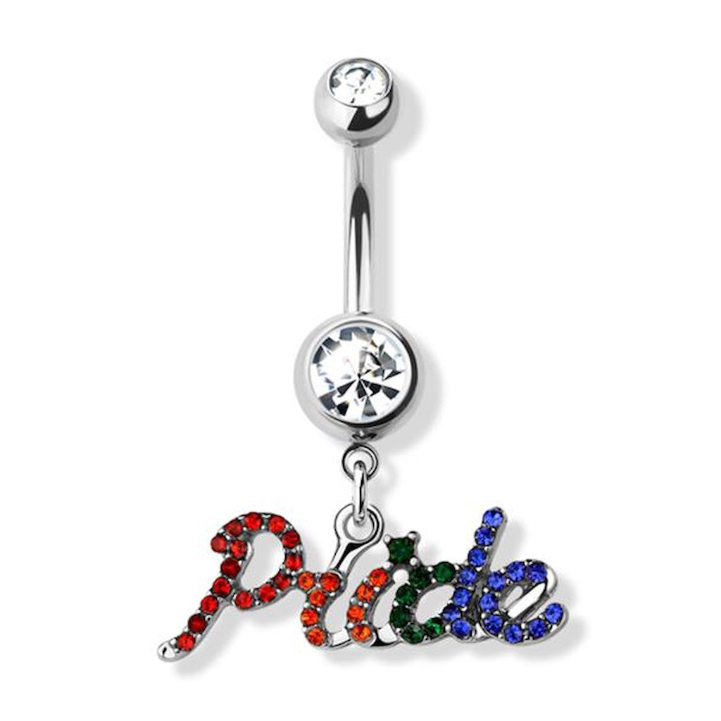 Rainbow Pride CZ Dangle Belly Button Ring 14G 316L Surgical Steel