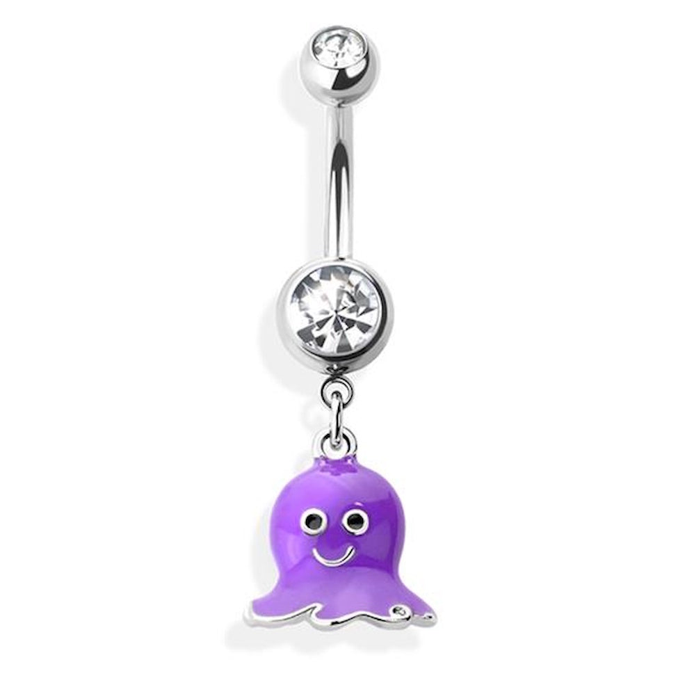 Purple Octopus CZ Dangle Belly Button Ring 14G 316L Surgical Steel