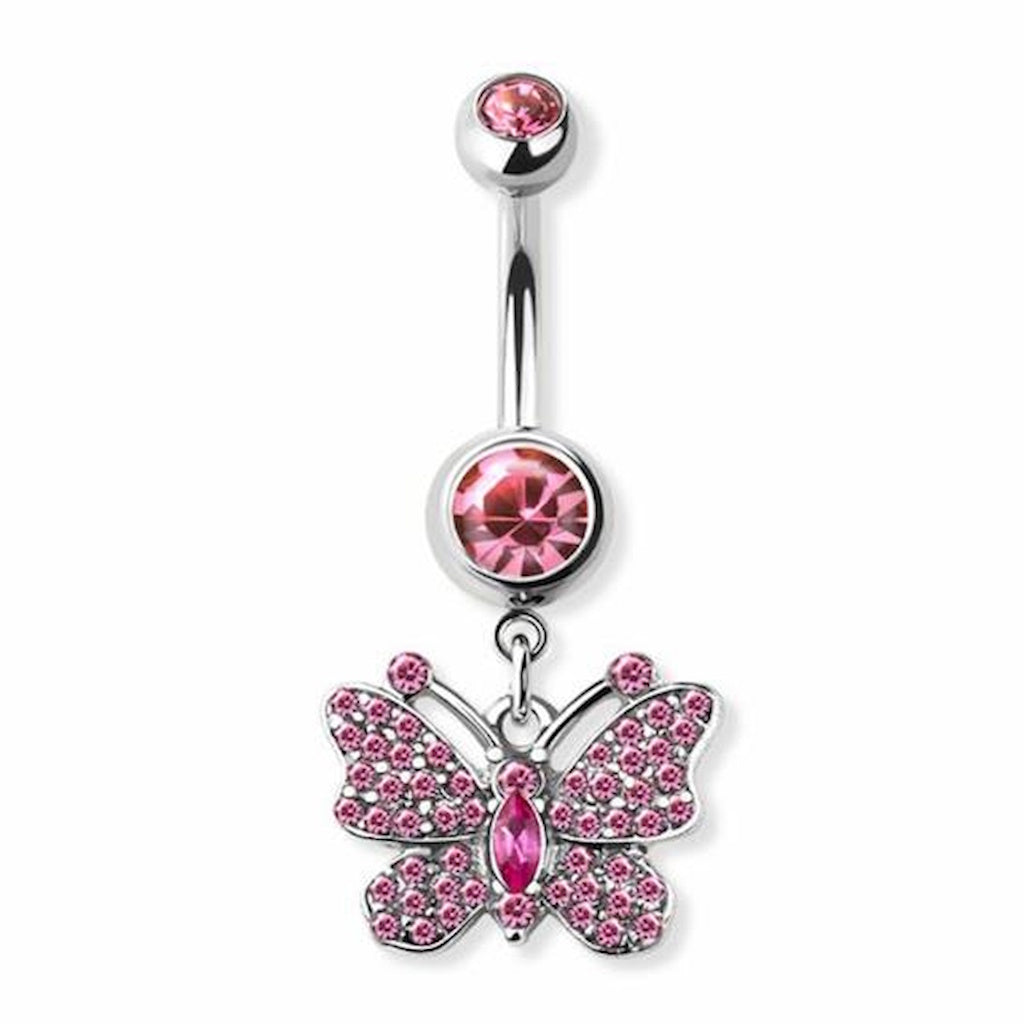 Pink Crystal Butterfly Dangle Belly Button Ring 14G 316L Surgical Steel