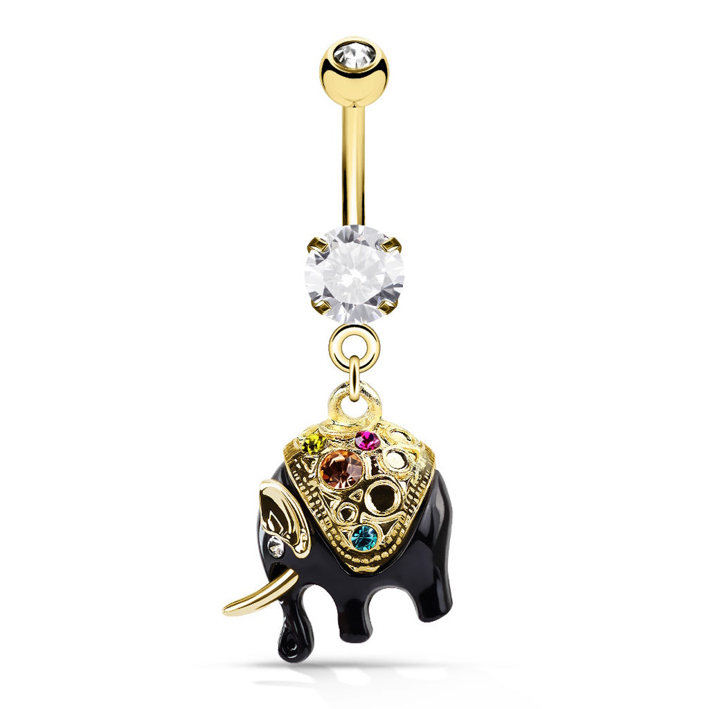 Elephant CZ Multicolor Gem Dangle Belly Ring 14G 316L Surgical Steel