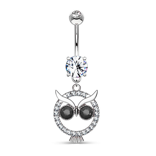 Sparkly CZ Owl Dangle Belly Button Ring 14G 316L Surgical Steel