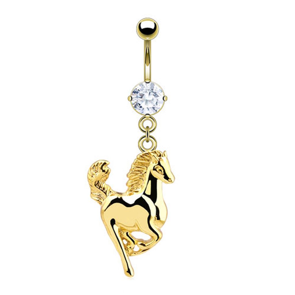 Horse CZ Belly Button Ring 14G 316L Surgical Steel Gold Plated