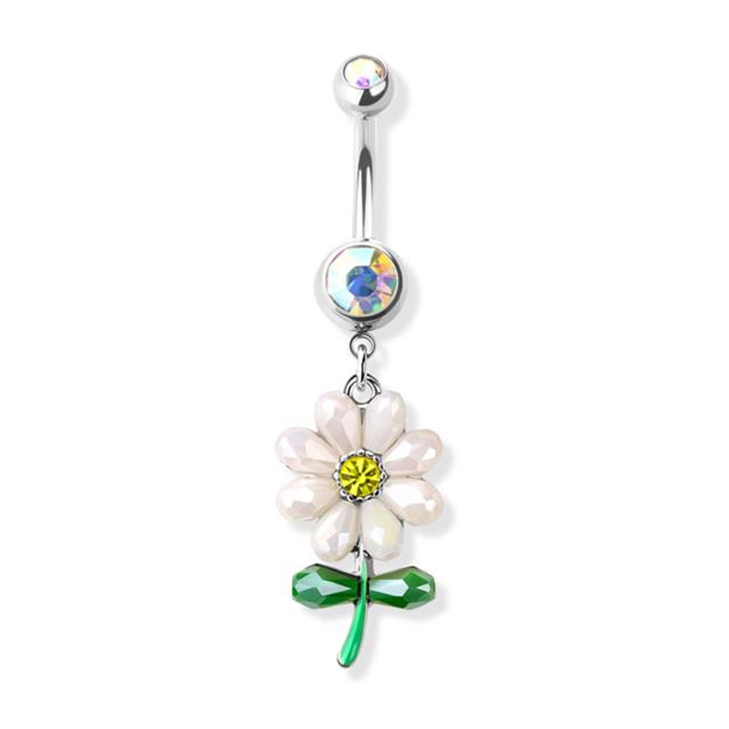 Daisy Flower CZ Dangle Belly Ring 14G 316L Surgical Steel