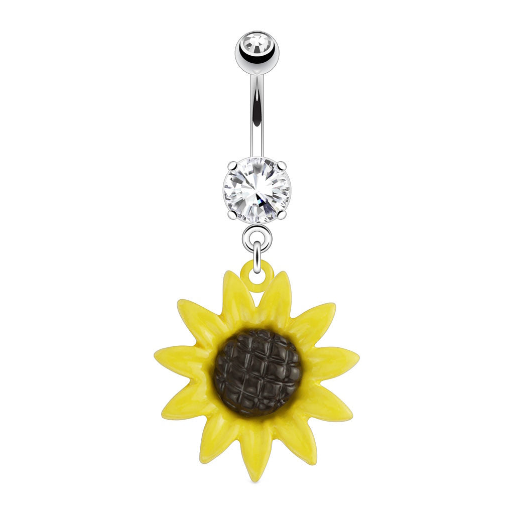 Sunflower CZ Dangle Belly Ring 14G 316L Surgical Steel