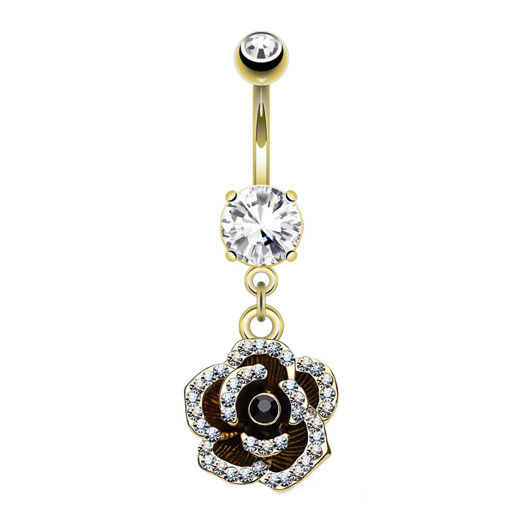14 Gauge Black Rose Dangle Belly Button Ring With Cubic Zirconia - Silver & Gold