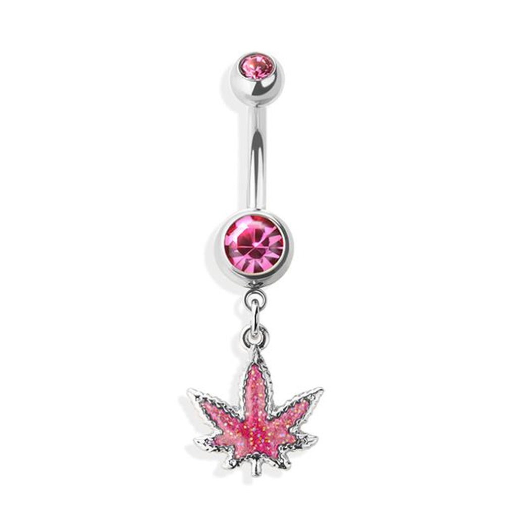 Marijuana Leaf CZ Dangle Belly Button Ring 14G 316L Surgical Steel Green Pink