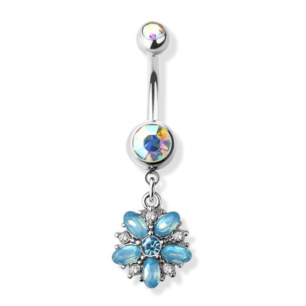 14G Surgical Steel Blue Flower Dangle Belly Button Ring With Aurora Borealis CZ