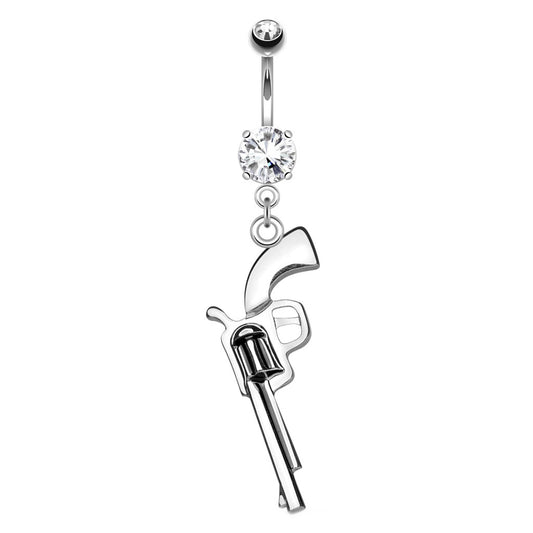 Revolver Gun Dangle Belly Button Ring 14G 316L Surgical Steel Hematite