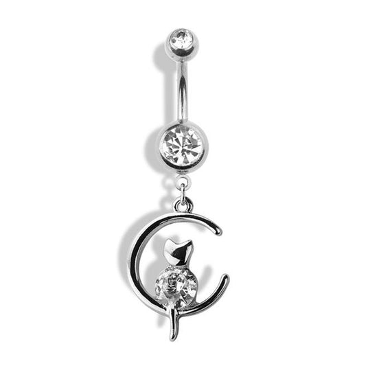 Cat Moon Dangle Belly Button Ring 14G 316L Surgical Steel