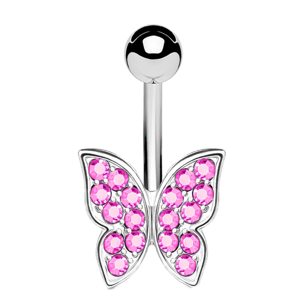 14 Gauge 316L Surgical Steel Crystal Butterfly Belly Ring - Choose From 4 Colors
