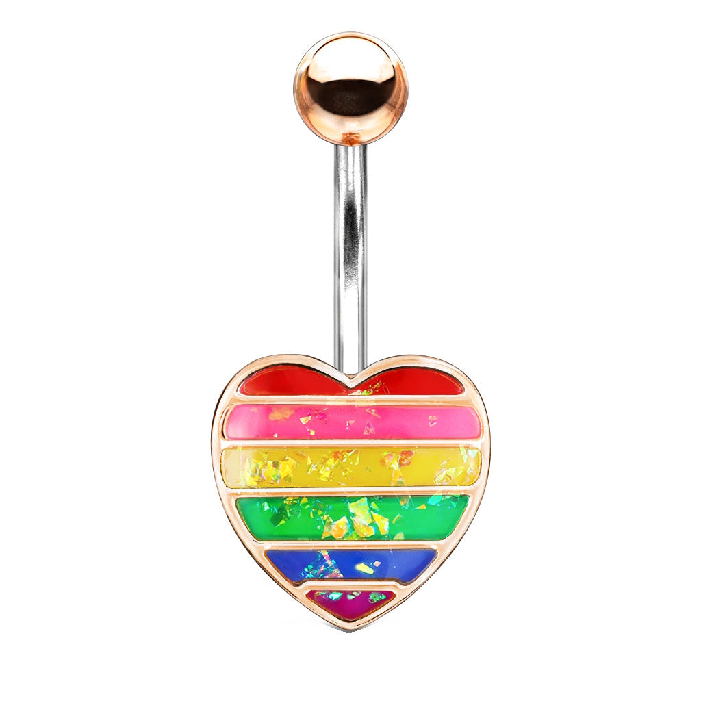 14G Surgical Steel Pride Rainbow Heart Belly Button Ring With Opalescent Inlay