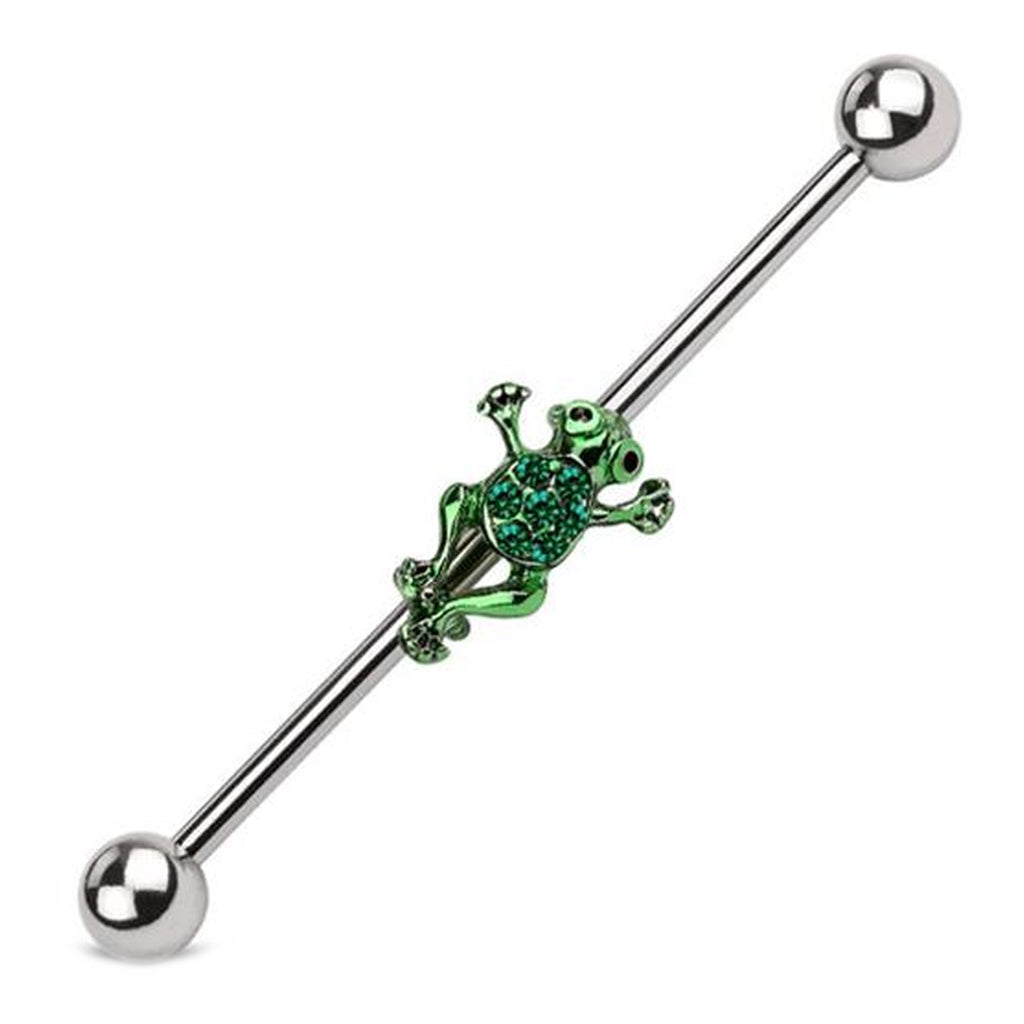 Green Jumping Frog Industrial Barbell 14G 316L Surgical Steel Brass