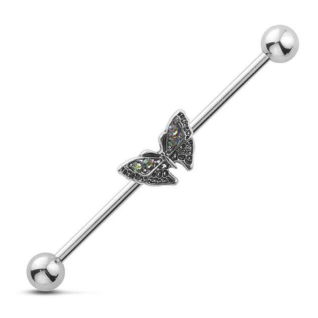 Butterfly Industrial Barbell 14G 316L Surgical Steel Iridescent Stones