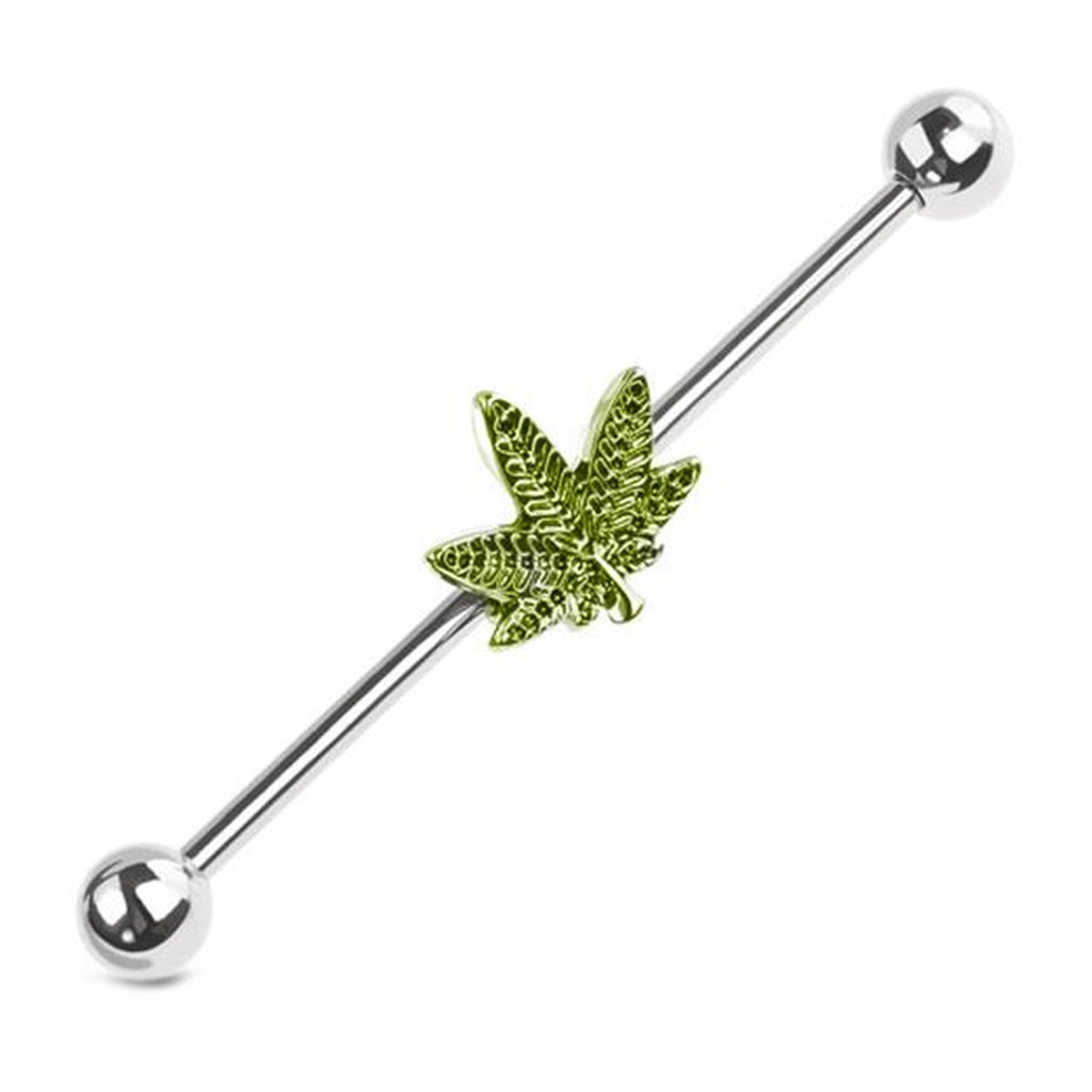 Cannabis Leaf Industrial Barbell 14G 316L Surgical Steel Silver Green