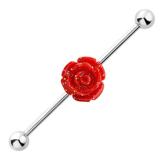 Rose Flower Industrial Barbell 14G 316L Surgical Steel