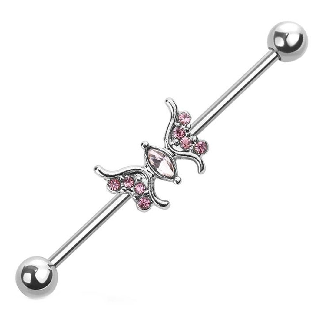 Detailed Cubic Zirconia Butterfly Industrial Barbell 14G 316L Surgical Steel