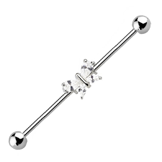 Cubic Zirconia Butterfly Industrial Barbell 14G 316L Surgical Steel