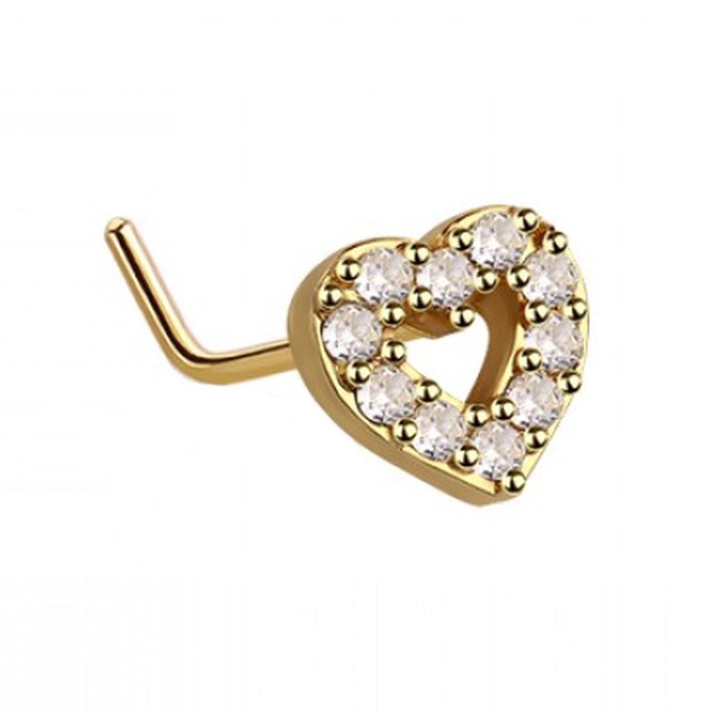 Open Heart CZ L Bend Nose Ring 20G 1/4" 316L Surgical Steel