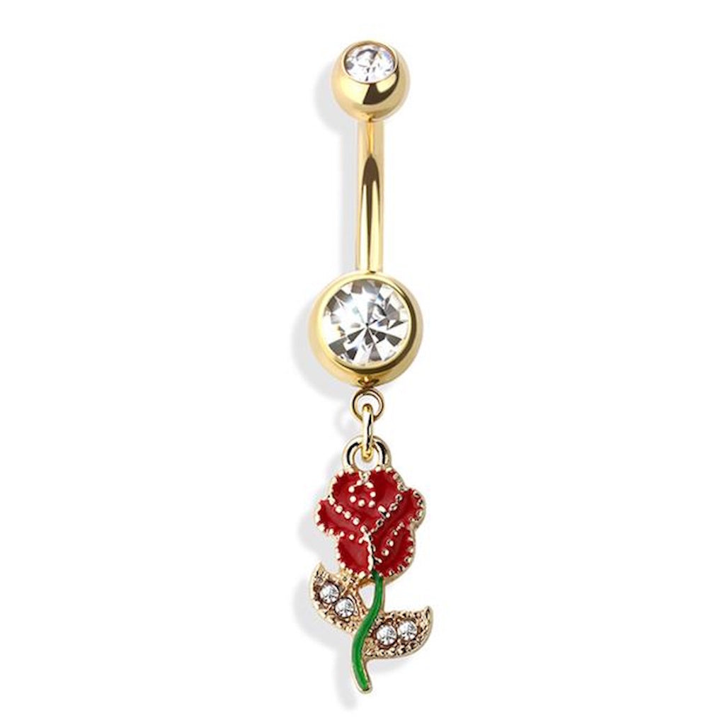 Red Rose Crystal Dangle Belly Button Ring 14G 316L Surgical Steel