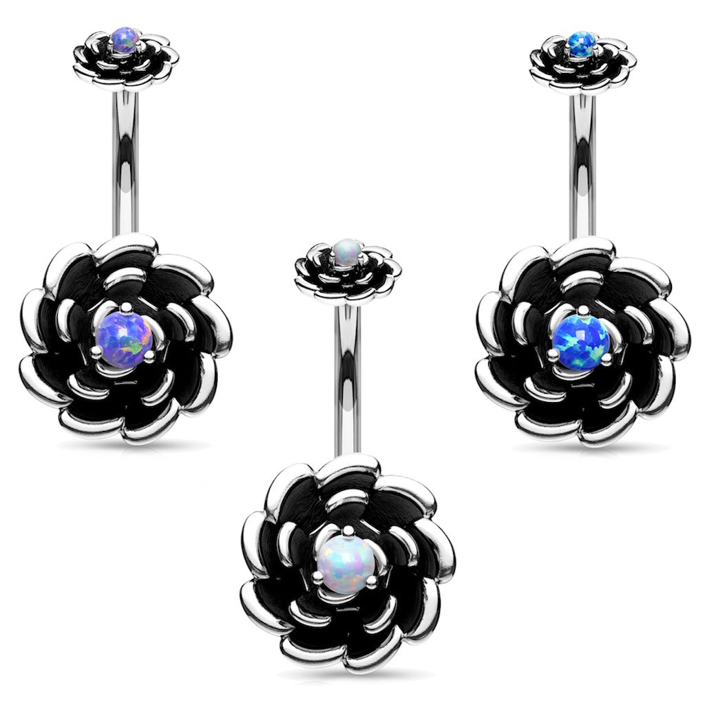 Rose Opal Flower Belly Ring 14G 316L Surgical Steel Antique Silver