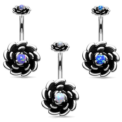 Rose Opal Flower Belly Ring 14G 316L Surgical Steel Antique Silver