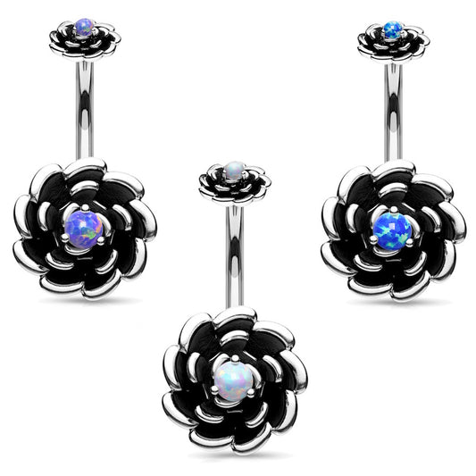 14G Surgical Steel Rose Belly Ring – Antique Silver With Opal Flower Center