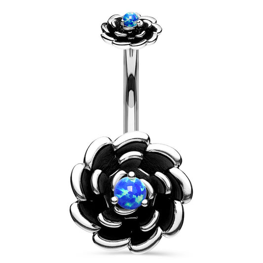 Rose Opal Flower Belly Ring 14G 316L Surgical Steel Antique Silver