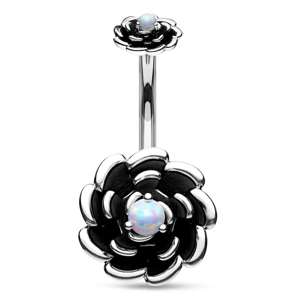 Rose Opal Flower Belly Ring 14G 316L Surgical Steel Antique Silver
