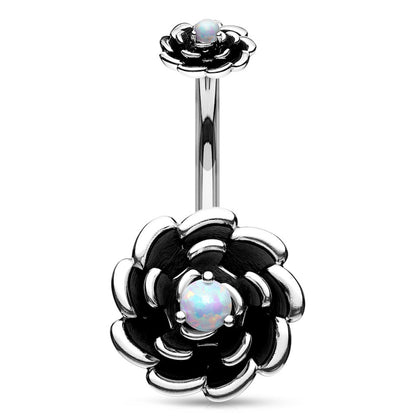 Rose Opal Flower Belly Ring 14G 316L Surgical Steel Antique Silver