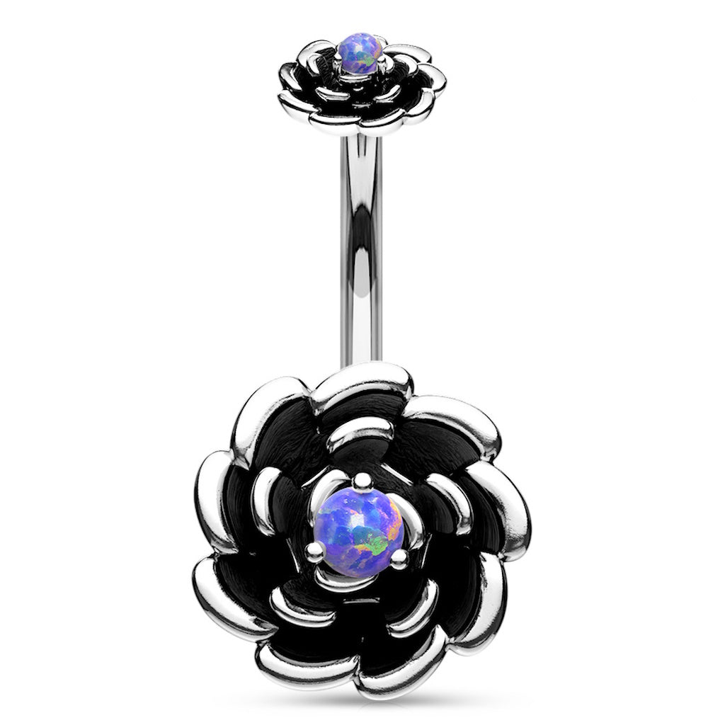 Rose Opal Flower Belly Ring 14G 316L Surgical Steel Antique Silver