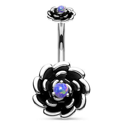 Rose Opal Flower Belly Ring 14G 316L Surgical Steel Antique Silver