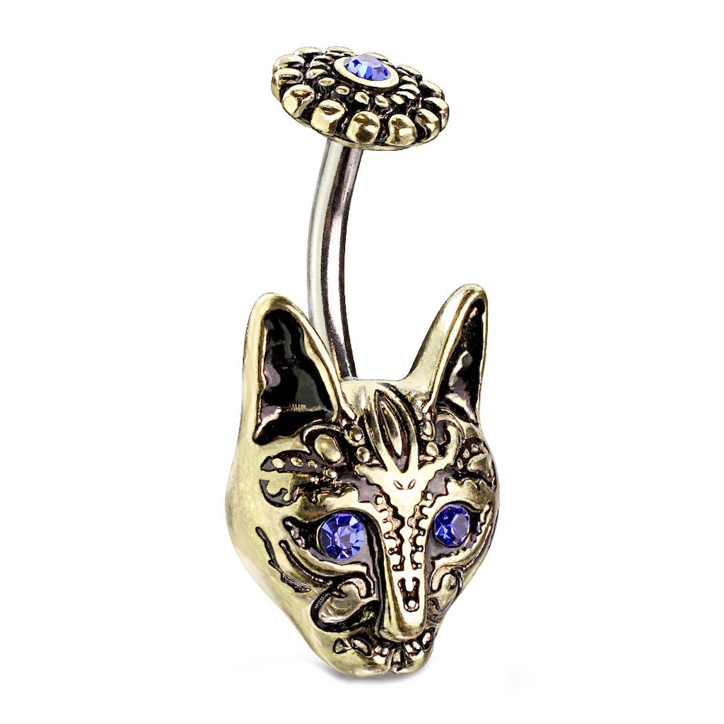 Tribal Cat Crystal Eyes Belly Ring 14G 316L Surgical Steel