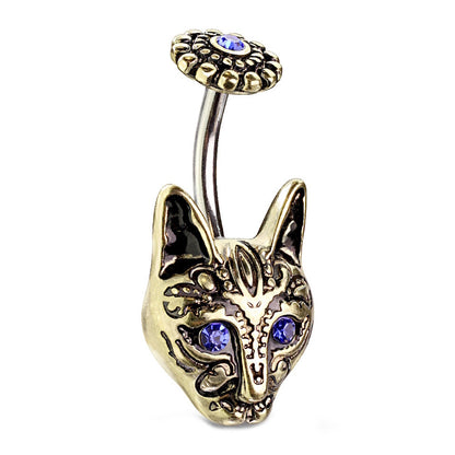 Tribal Cat Crystal Eyes Belly Ring 14G 316L Surgical Steel