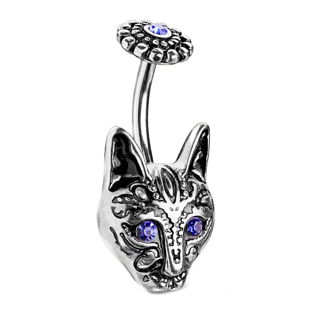 Tribal Cat Crystal Eyes Belly Ring 14G 316L Surgical Steel