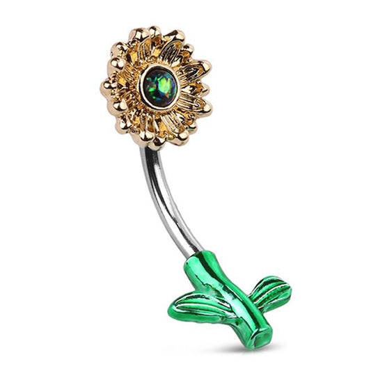14G Surgical Steel Sunflower Belly Ring – Yellow Flower Petals With Green Leaves