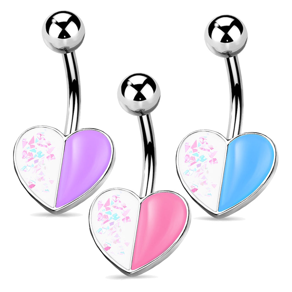 Two Tone Opal Glitter Enamel Heart Belly Ring 14G 316L Surgical Steel