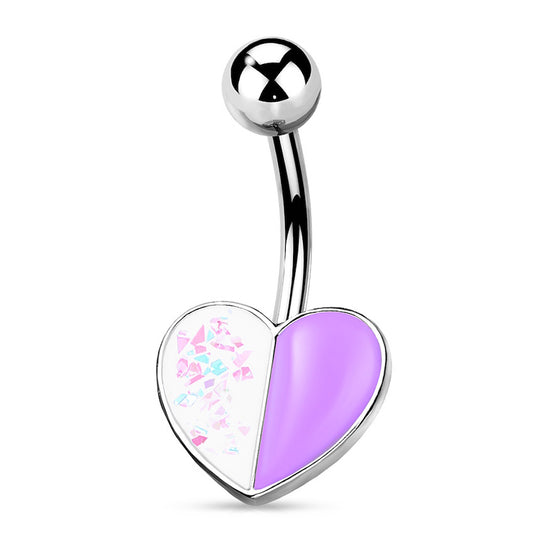 Two Tone Opal Glitter Enamel Heart Belly Ring 14G 316L Surgical Steel