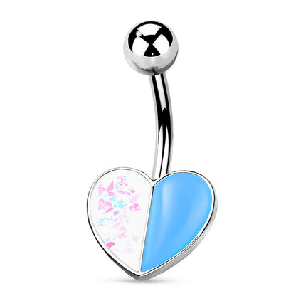 Two Tone Opal Glitter Enamel Heart Belly Ring 14G 316L Surgical Steel