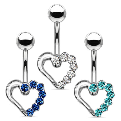 Heart Paved CZ Crystal Jeweled Belly Ring 14G 316L Surgical Steel