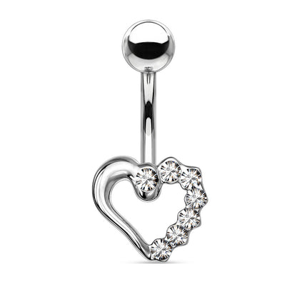 Heart Paved CZ Crystal Jeweled Belly Ring 14G 316L Surgical Steel