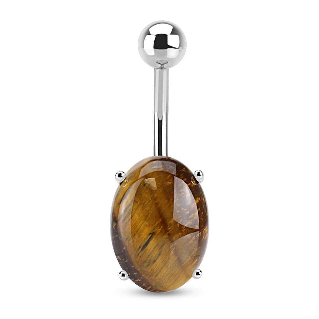 14G Surgical Steel Navel Ring – Natural Tiger’s Eye Oval Gemstone