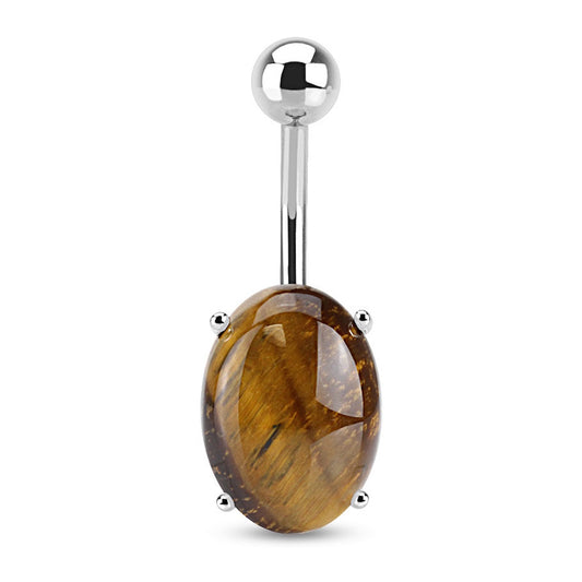14G Surgical Steel Navel Ring – Natural Tiger’s Eye Oval Gemstone