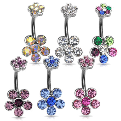 Double Flower CZ Crystal Cluster Belly Ring 14G 316L Surgical Steel