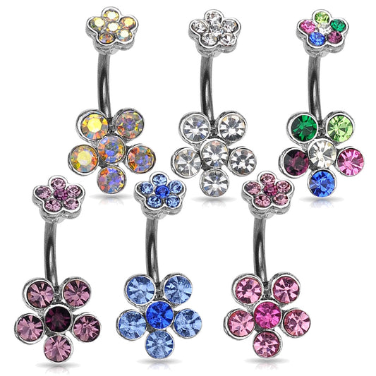 14G Surgical Steel Double Flower Navel Ring – CZ Crystal Cluster Belly Bar