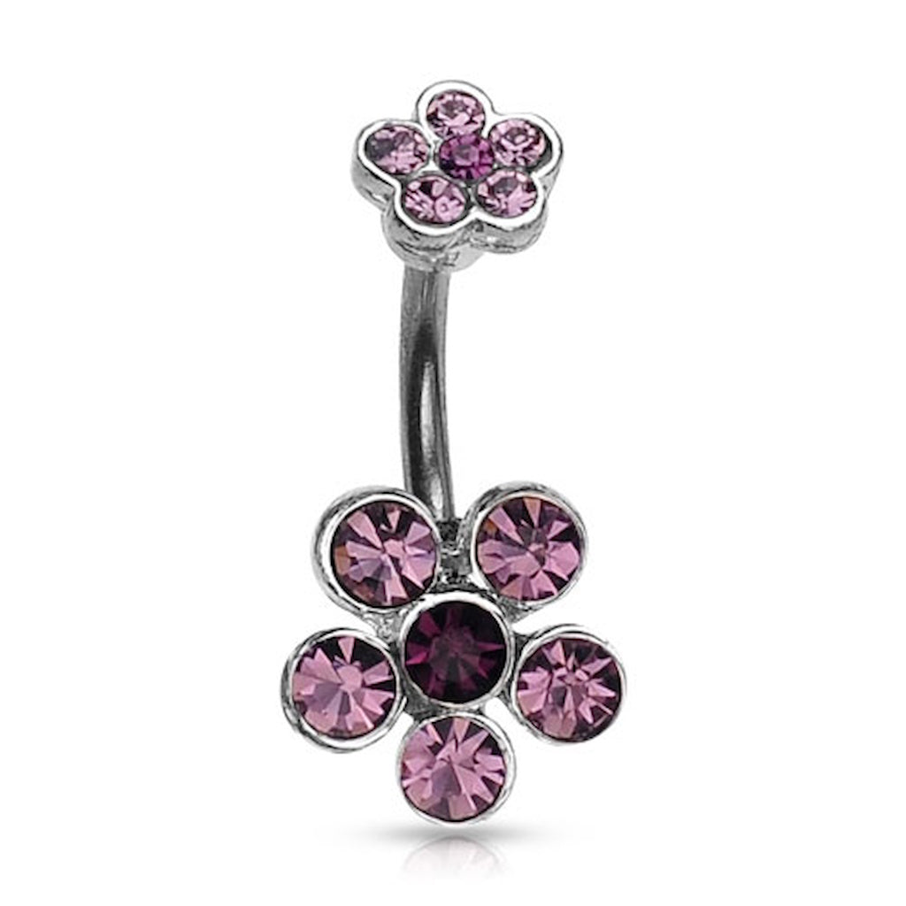Double Flower CZ Crystal Cluster Belly Ring 14G 316L Surgical Steel