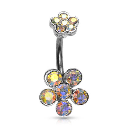 Double Flower CZ Crystal Cluster Belly Ring 14G 316L Surgical Steel