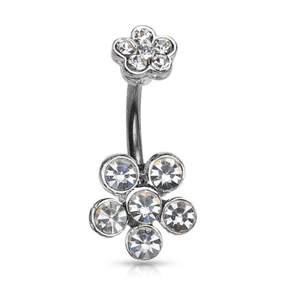Double Flower CZ Crystal Cluster Belly Ring 14G 316L Surgical Steel