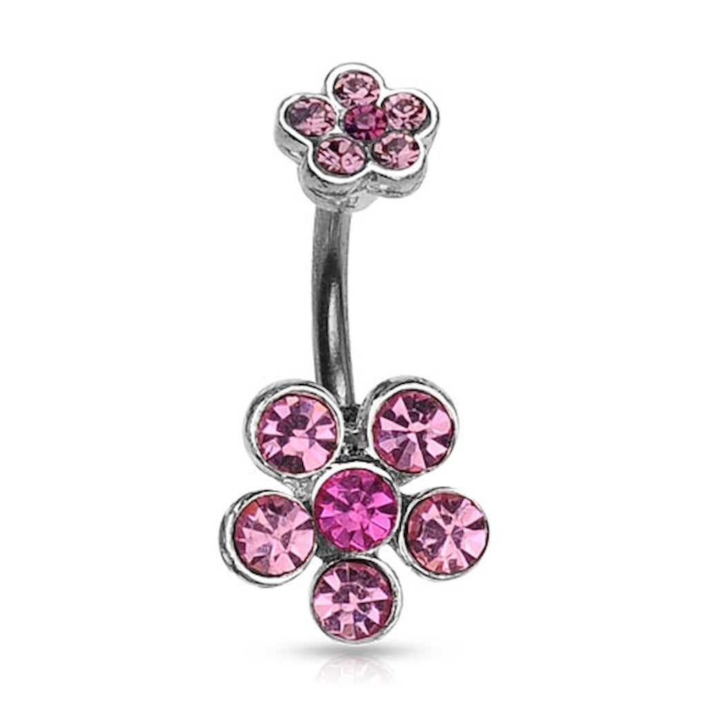 Double Flower CZ Crystal Cluster Belly Ring 14G 316L Surgical Steel